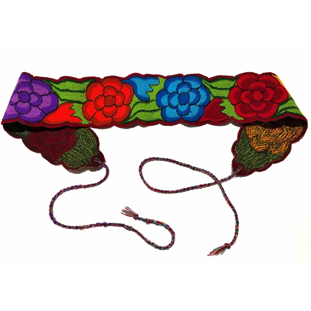 Handmade Mexican Floral Embroidered Sash Belt Boho Folk Multi 4x78 L